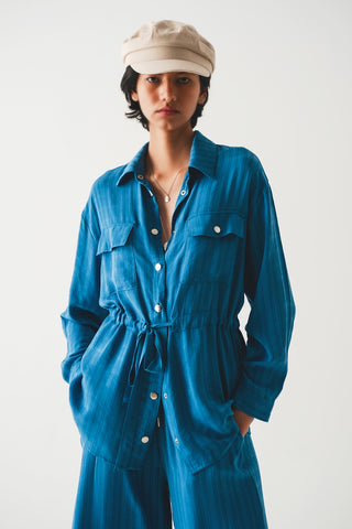 Tie waist long sleeve shirt in blue