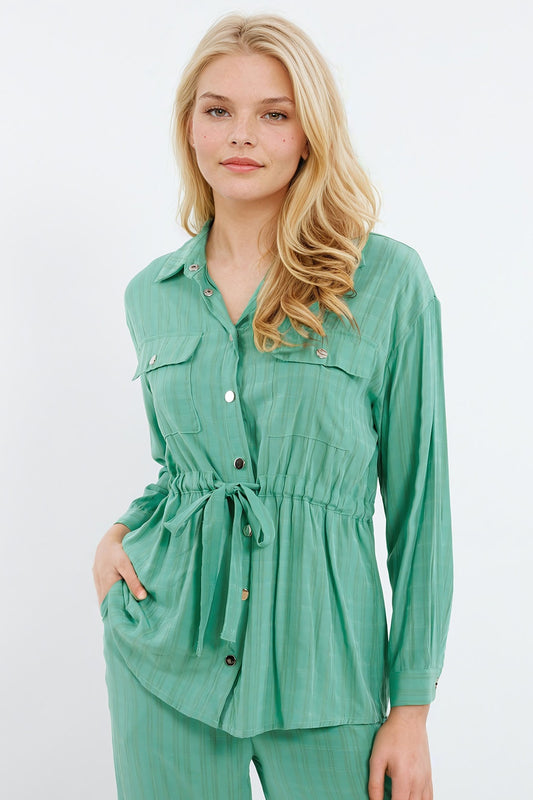Tie waist long sleeve shirt in green - Shirts