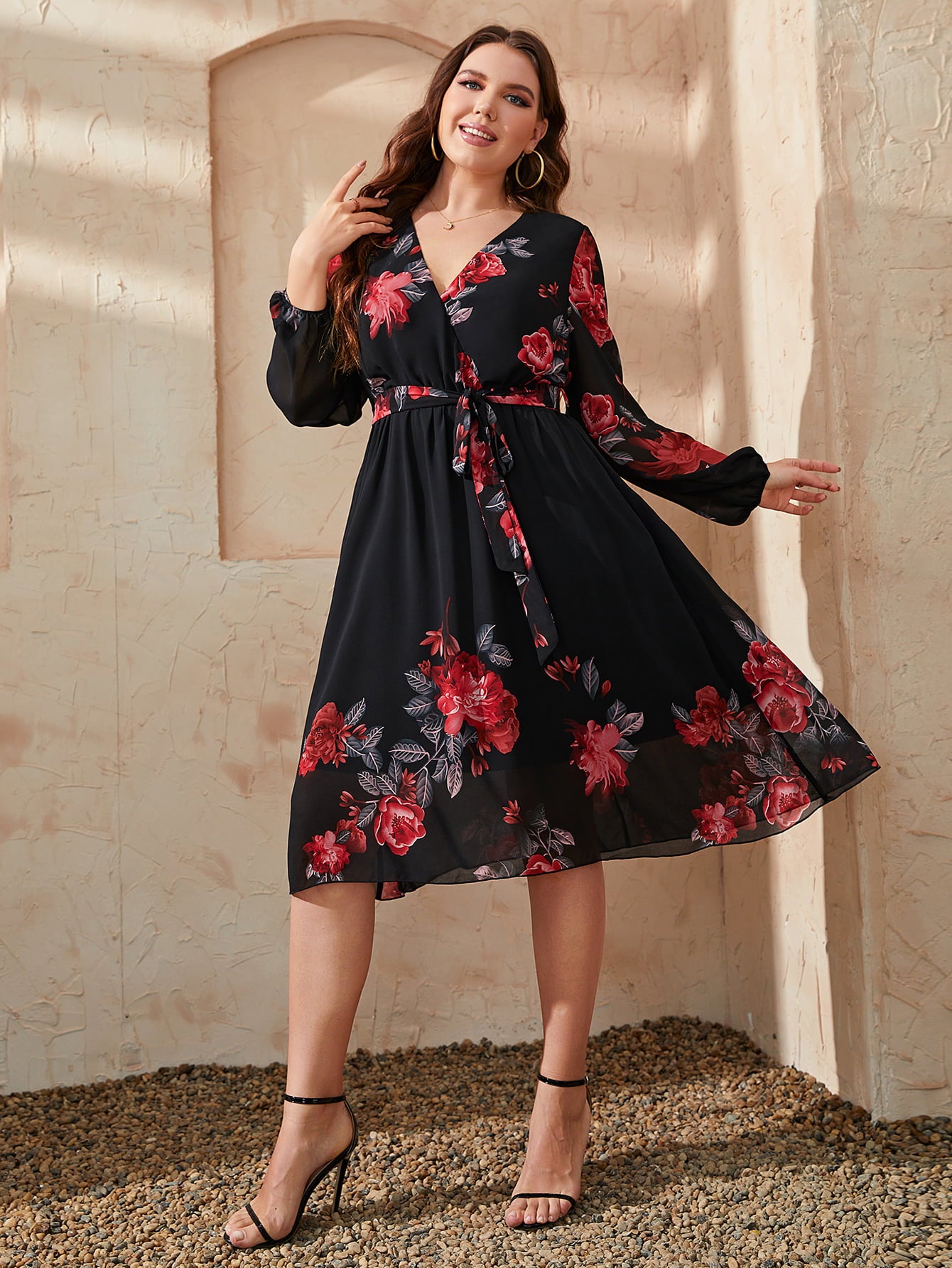 Tie Waist Plus Size Floral Dress for Women Black - Dresses