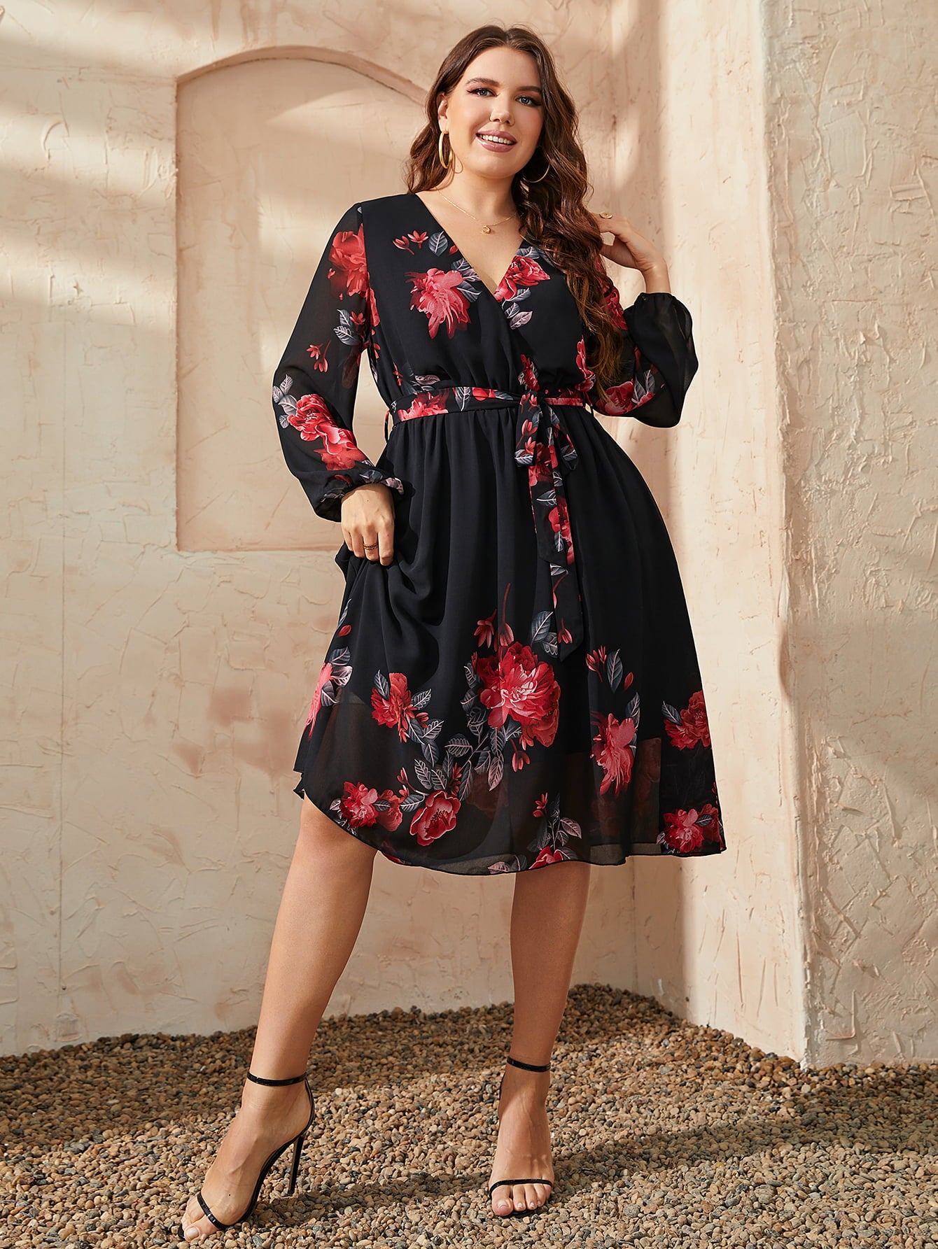 Tie Waist Plus Size Floral Dress for Women - Dresses
