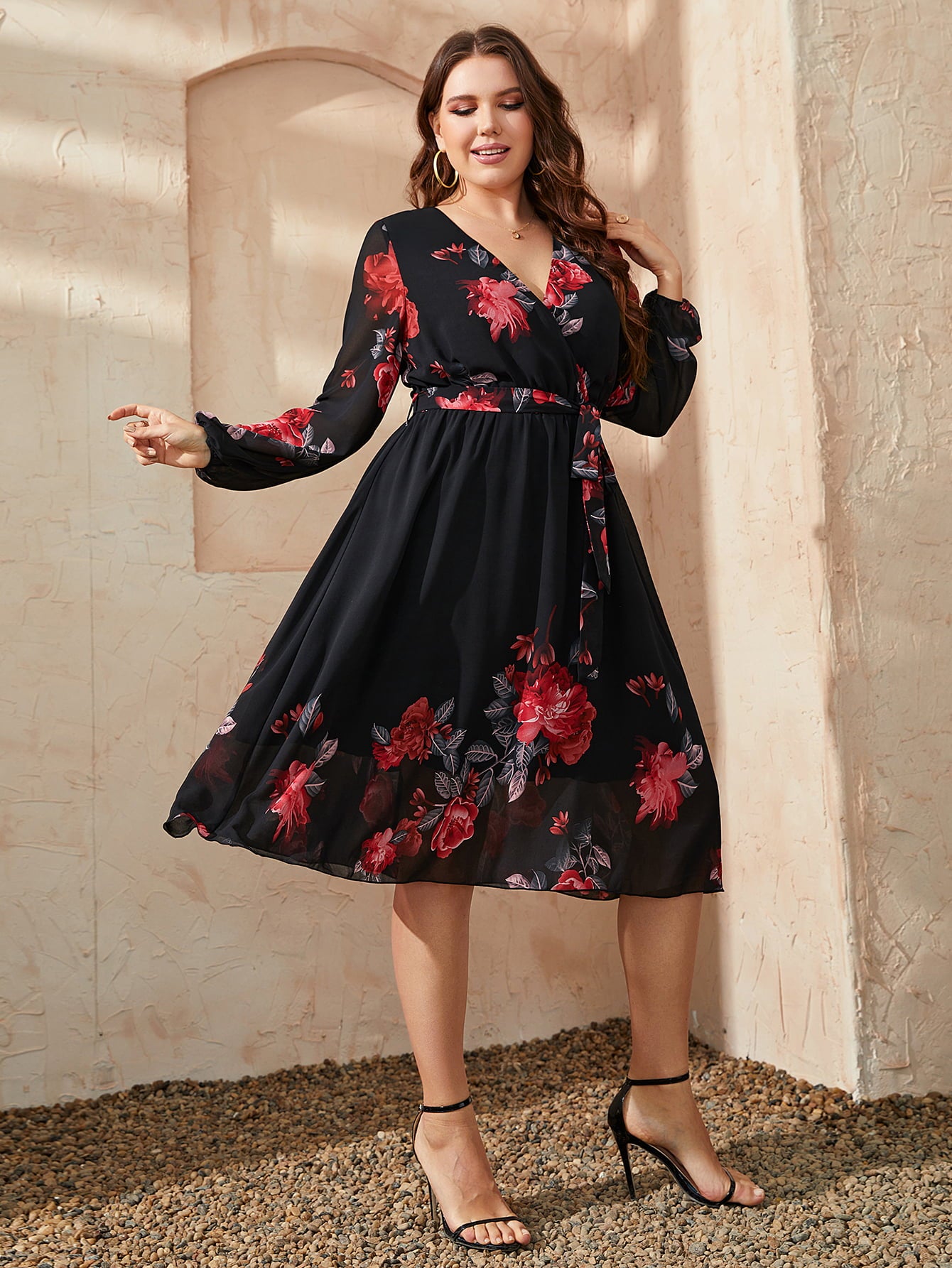 Tie Waist Plus Size Floral Dress for Women - Dresses
