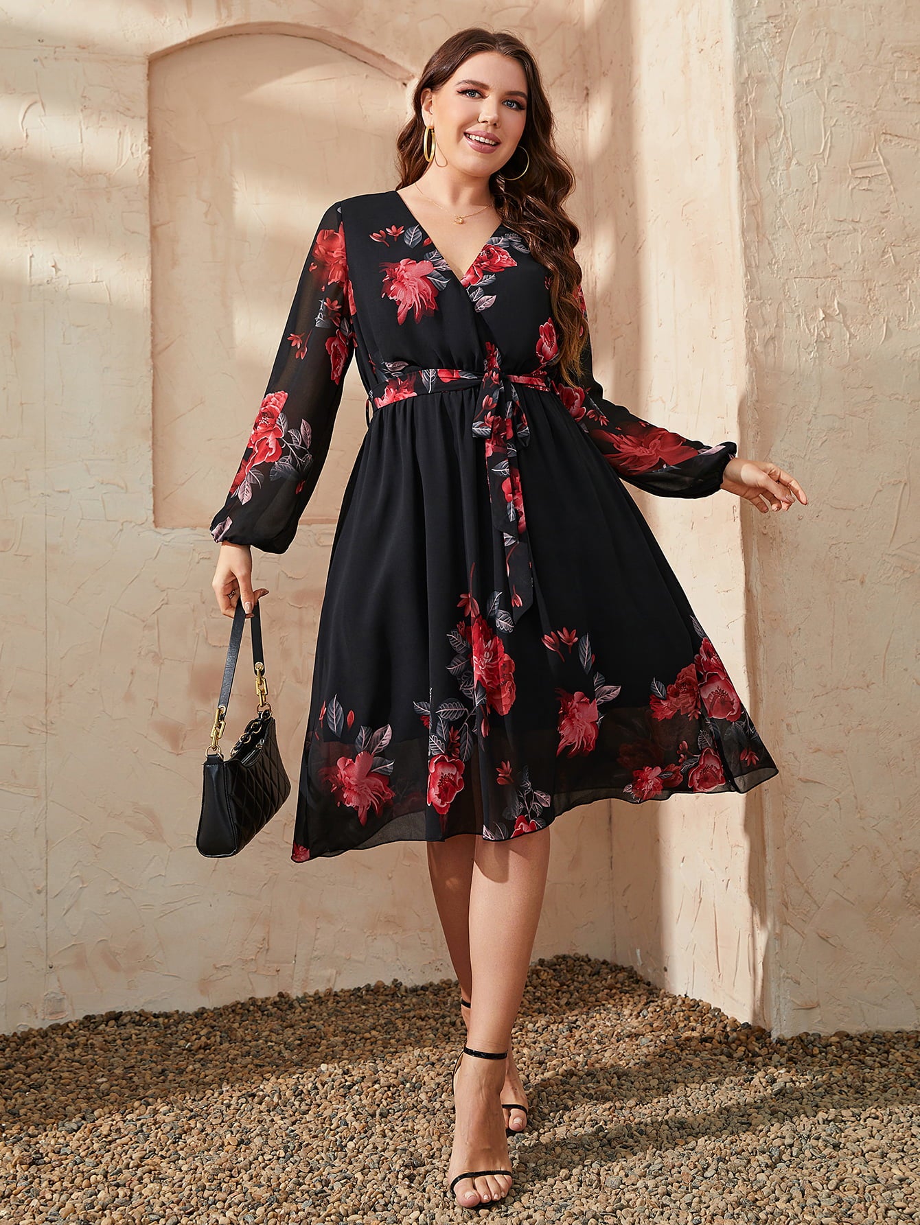 Tie Waist Plus Size Floral Dress for Women - Dresses