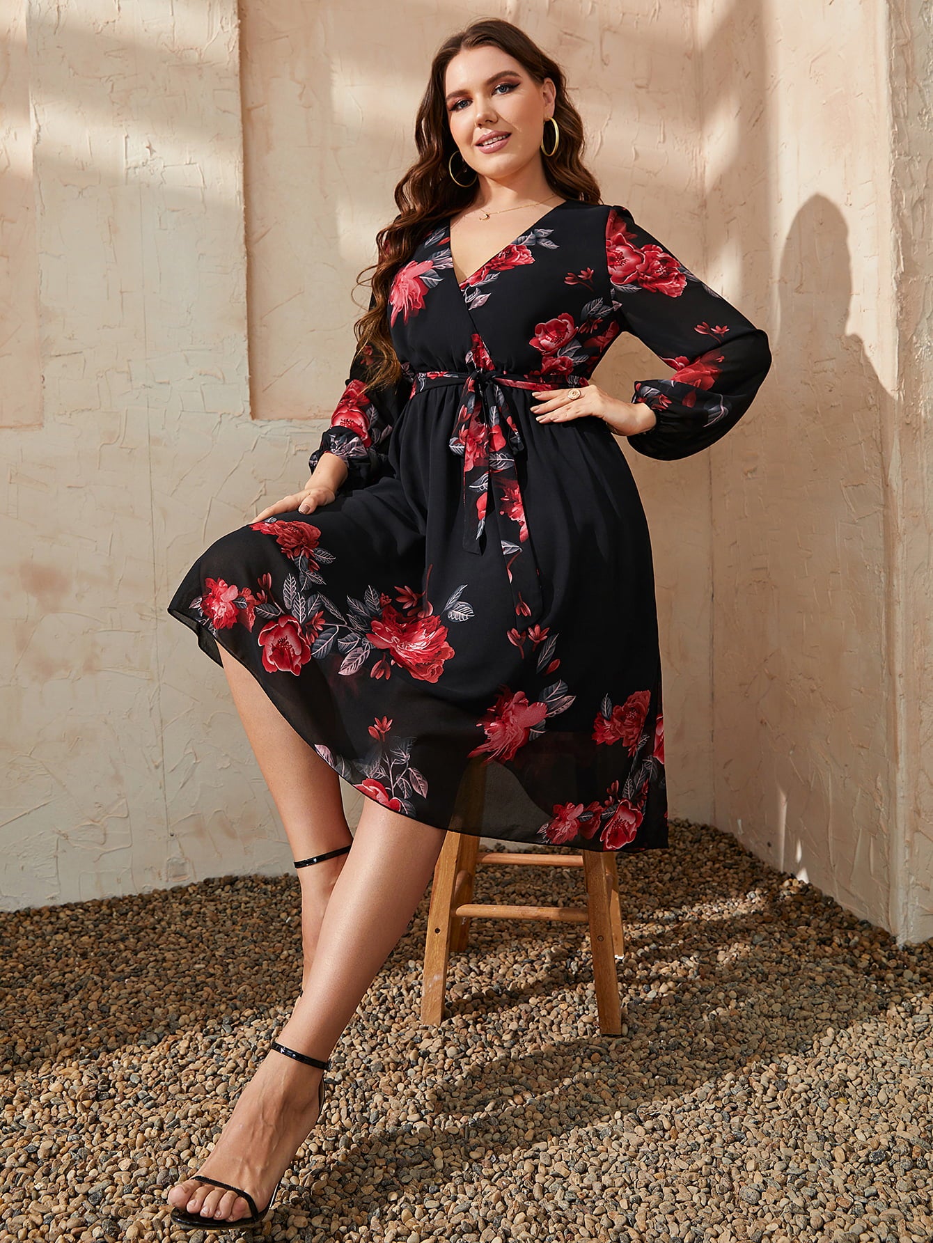 Tie Waist Plus Size Floral Dress for Women - Dresses