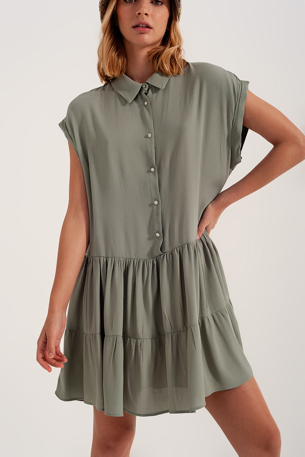 Tiered hem shirt dress in green - Dresses