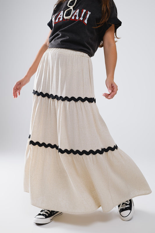 Tiered Linen maxi Skirt With Contrast Scallop Trim in Beige - Skirts