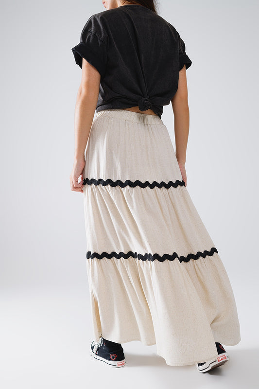 Tiered Linen maxi Skirt With Contrast Scallop Trim in Beige - Skirts