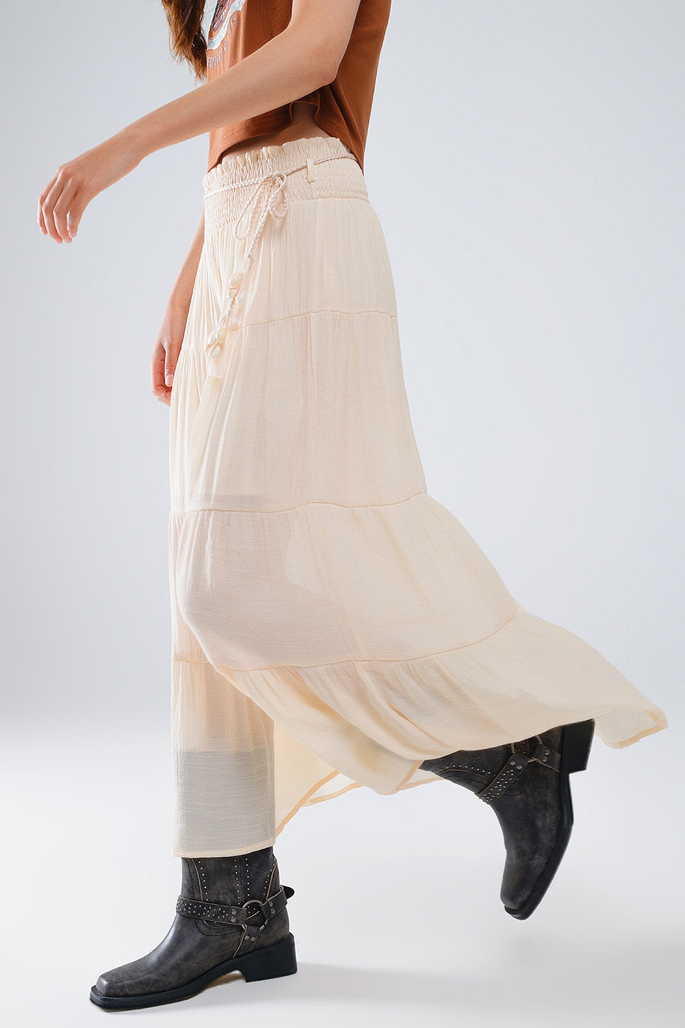 Tiered Maxi Skirt In Beige Wtih Elastic Waist And Shell Details - Skirts