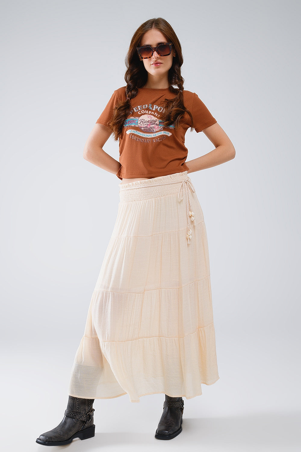 Tiered Maxi Skirt In Beige Wtih Elastic Waist And Shell Details - Skirts