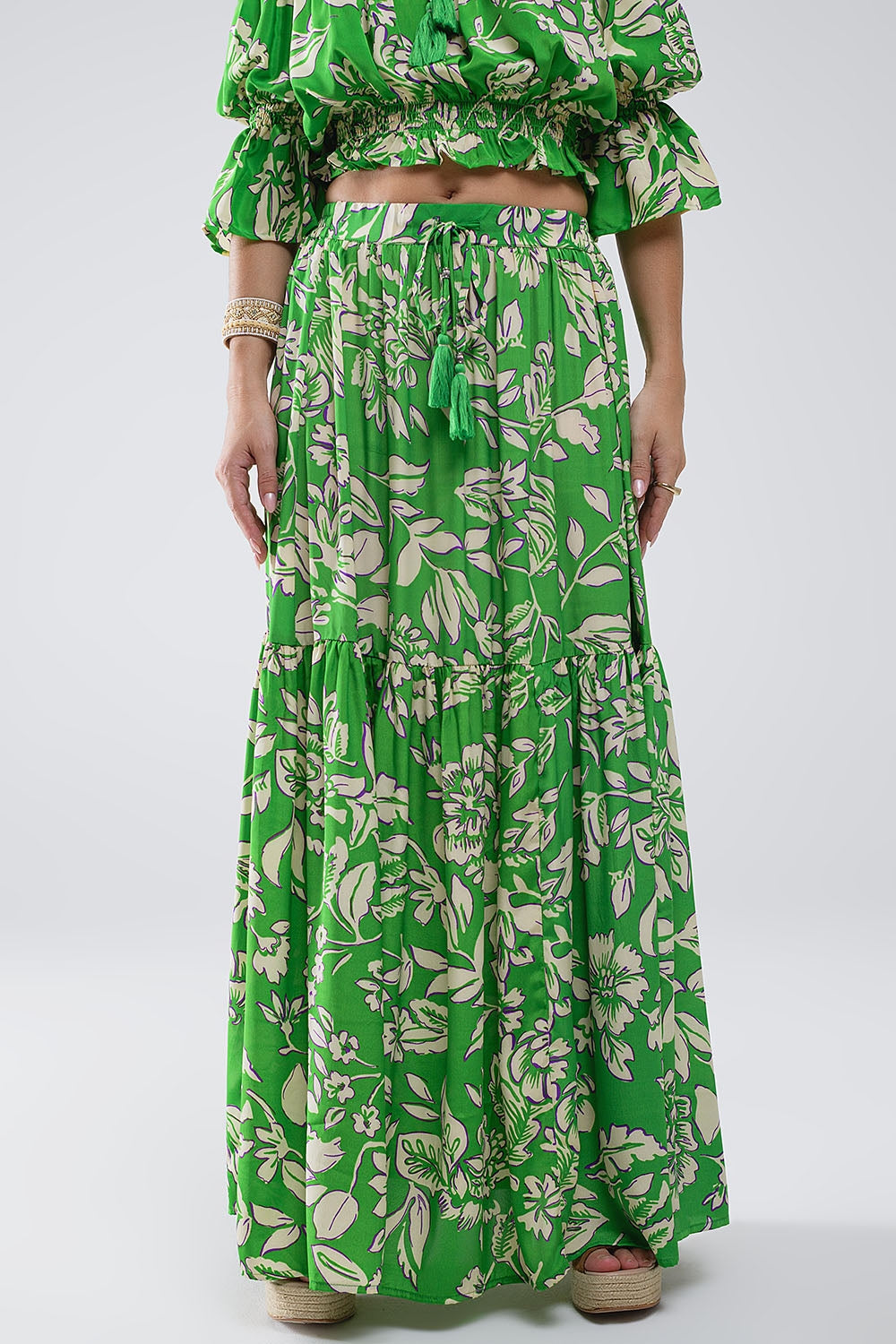 Tiered Maxi Skirt In Green Floral Print - Skirts