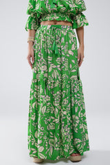 Tiered Maxi Skirt In Green Floral Print