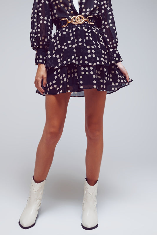 Tiered Mini Skirt in Black and Cream Polka Dots - Skirts