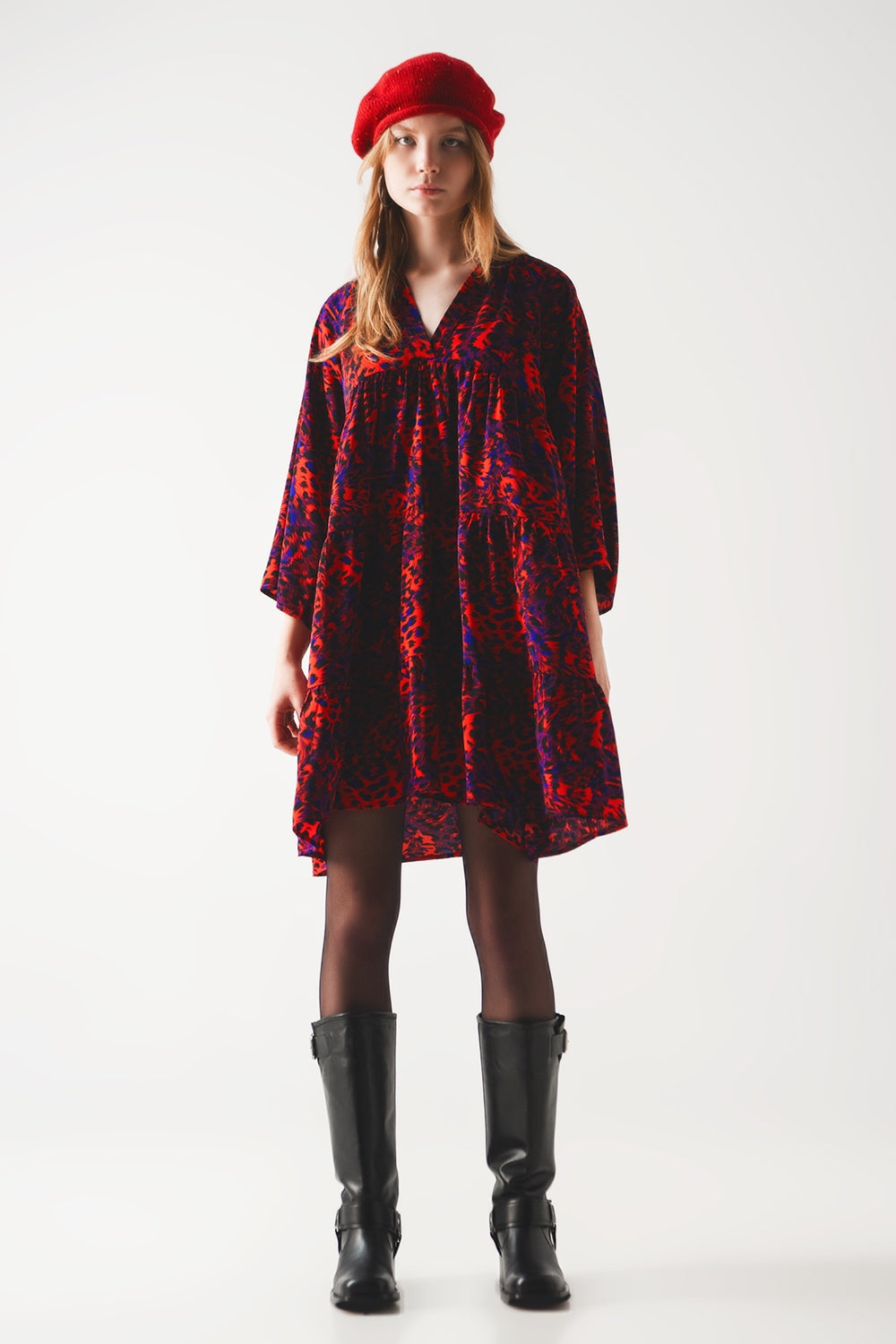 Tiered mini smock dress in animal print in red - Dresses