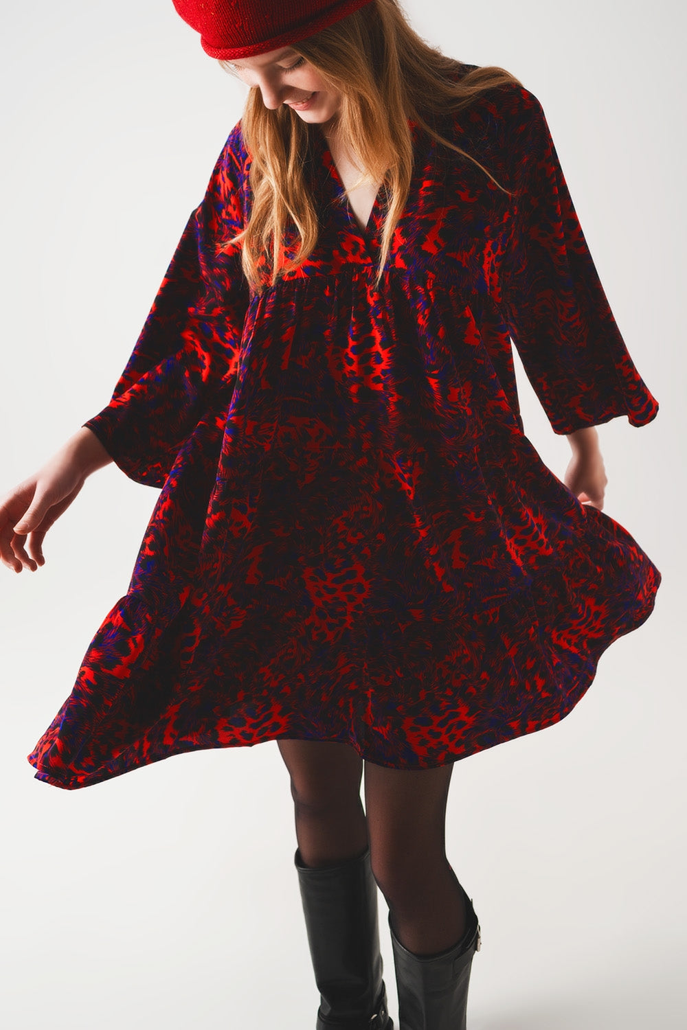 Tiered mini smock dress in animal print in red - Dresses