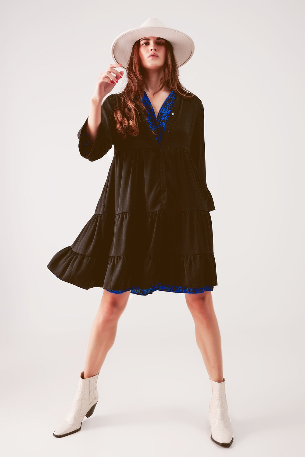 Tiered smock mini dress in black - Dresses