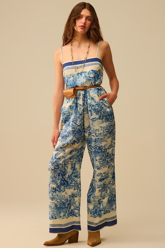 Toile de Jouy Print Jumpsuit with Thin Straps - Dresses