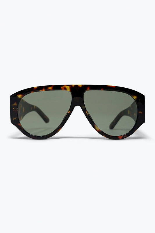 Tortoise Oversized Shield Sunglasses with Green Lens -