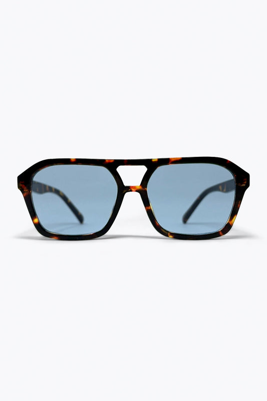 Tortoiseshell Brown Aviator Sunglasses with Blue Lenses -