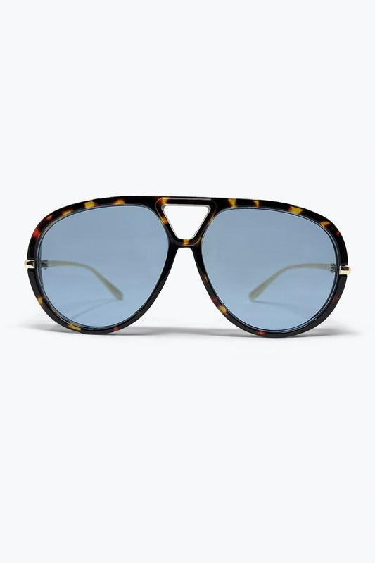 Tortoiseshell Frame Blue Lens Oversized Sunglasses - Sunglasses