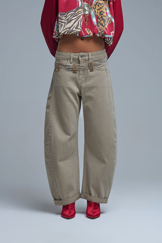 Trendy Beige Barrel Balloon Jeans with Pockets