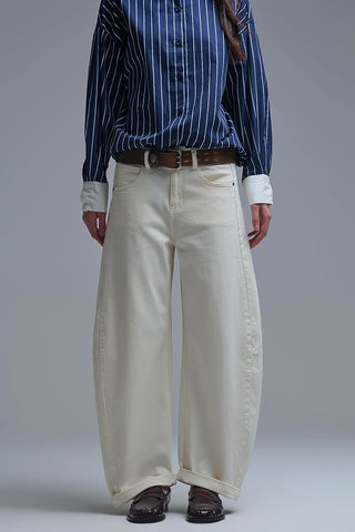 Trendy Cream Barrel Balloon Jeans with Pockets
