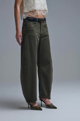 Trendy Green Barrel Balloon Jeans with Pockets