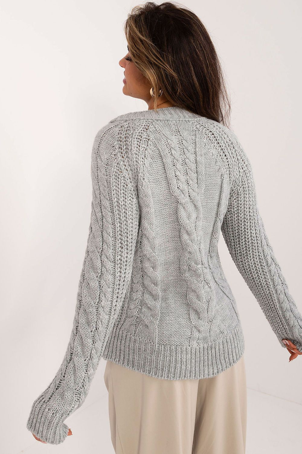 Trendy Grey Knit Sweater Cosy Cable Knit - Sweaters