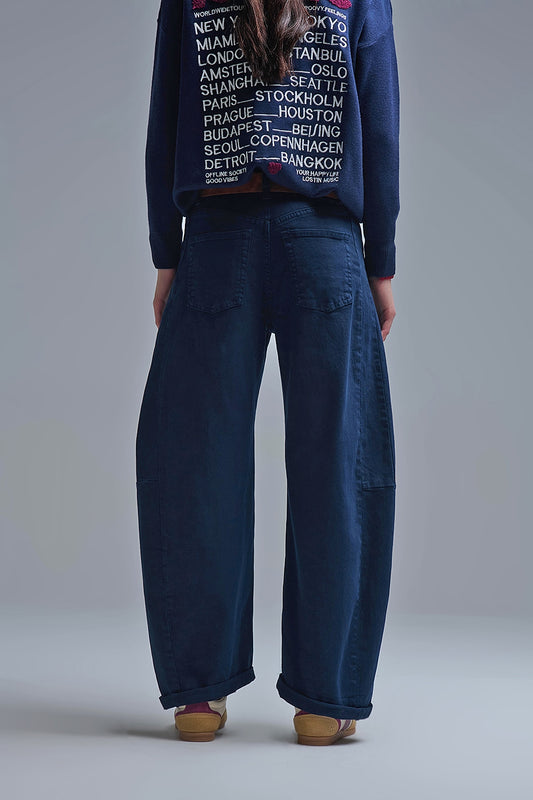 Trendy Navy Barrel Balloon Jeans with Pockets - Jeans