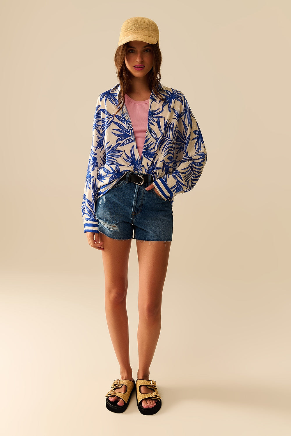 Tropical Motif Relaxed Blouse in Blue and White - Dresses