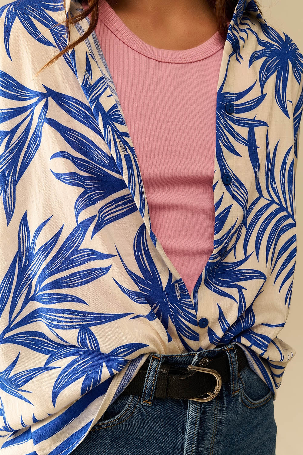 Tropical Motif Relaxed Blouse in Blue and White - Dresses