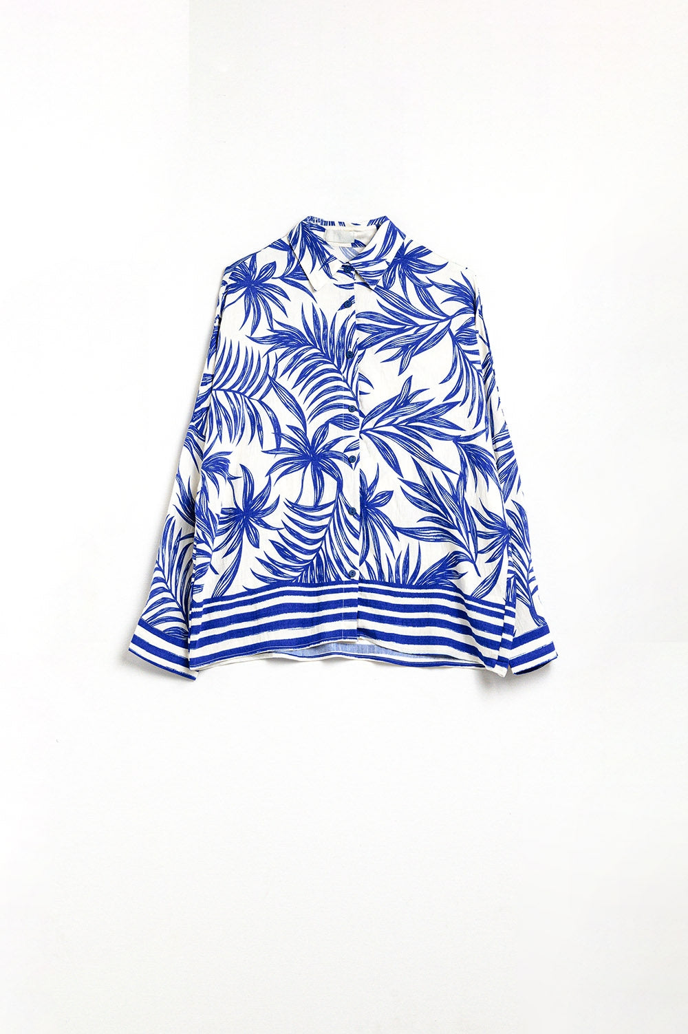 Tropical Motif Relaxed Blouse in Blue and White - Dresses