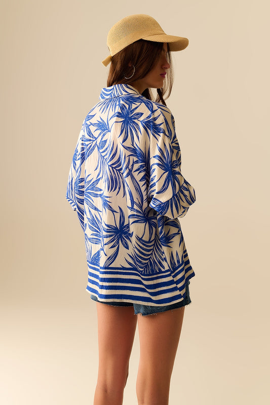 Tropical Motif Relaxed Blouse in Blue and White - Dresses