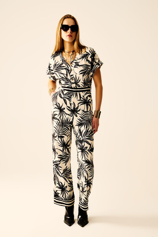Tropical Motif Short Sleeve Jumpsuit in black and white - Dresses