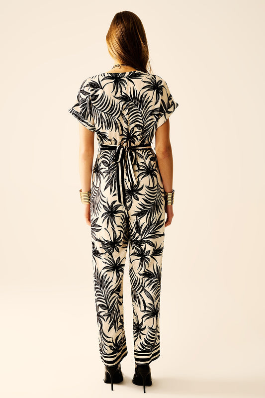 Tropical Motif Short Sleeve Jumpsuit in black and white - Dresses