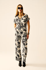 Tropical Motif Short Sleeve Jumpsuit in black and white