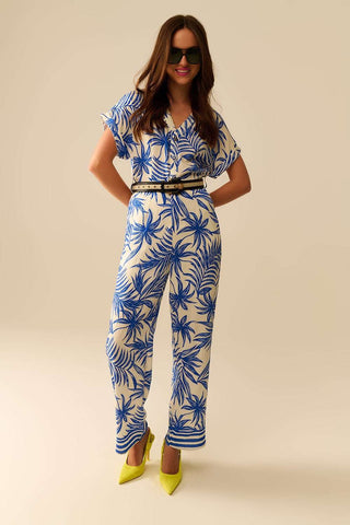 Combinaison à manches courtes à motif tropical en bleu et blanc