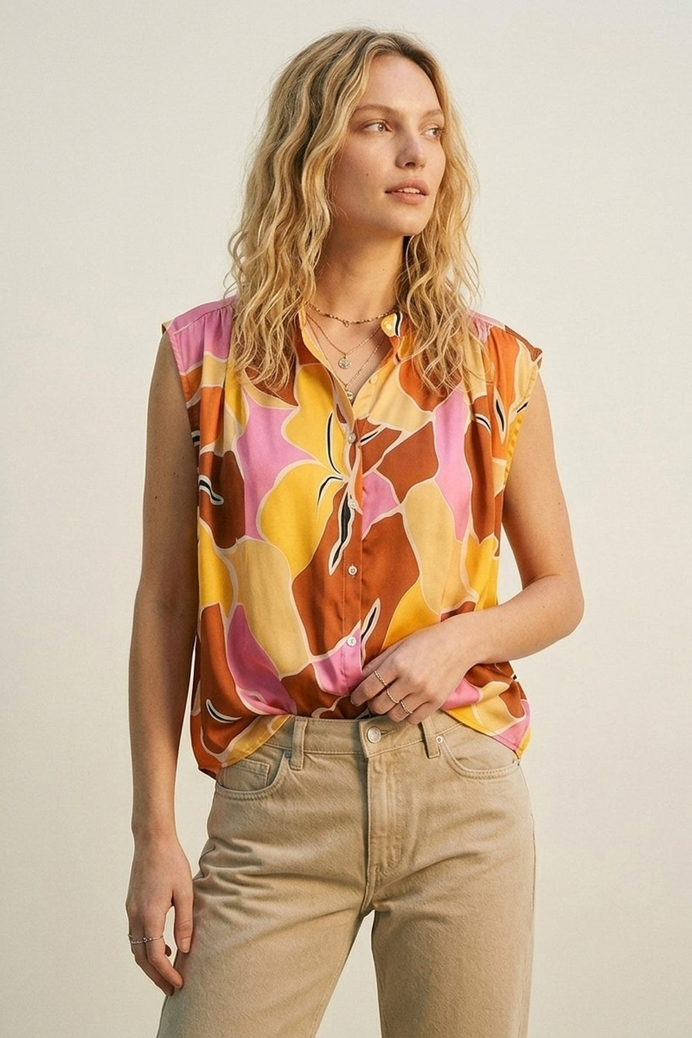 Tropical Print Button-Front Sleeveless Blouse in orange Warm Tones - Tops