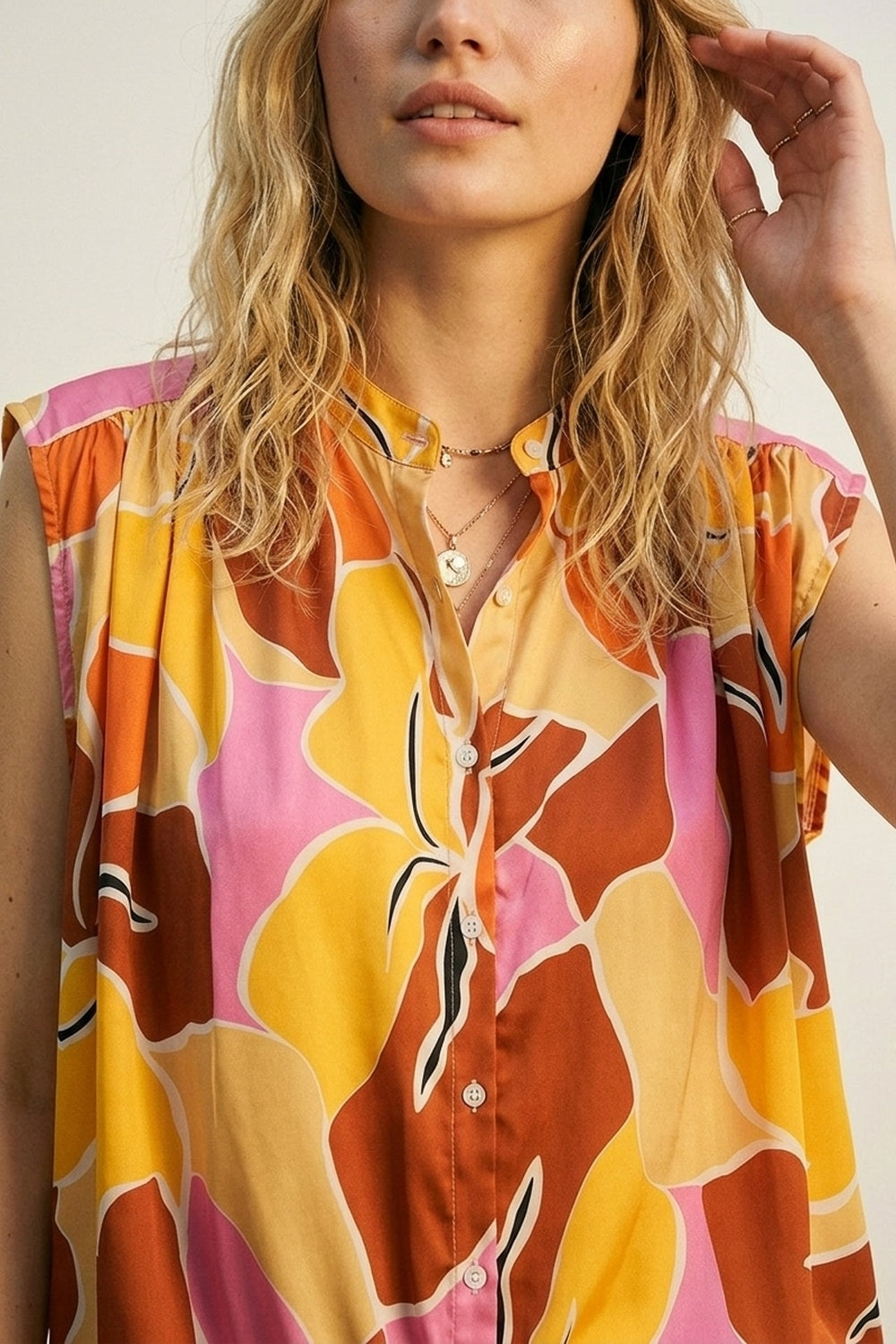 Tropical Print Button-Front Sleeveless Blouse in orange Warm Tones - Tops