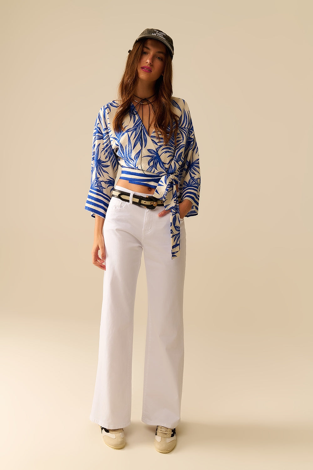 Tropical print wrap crop top in blue - Tops