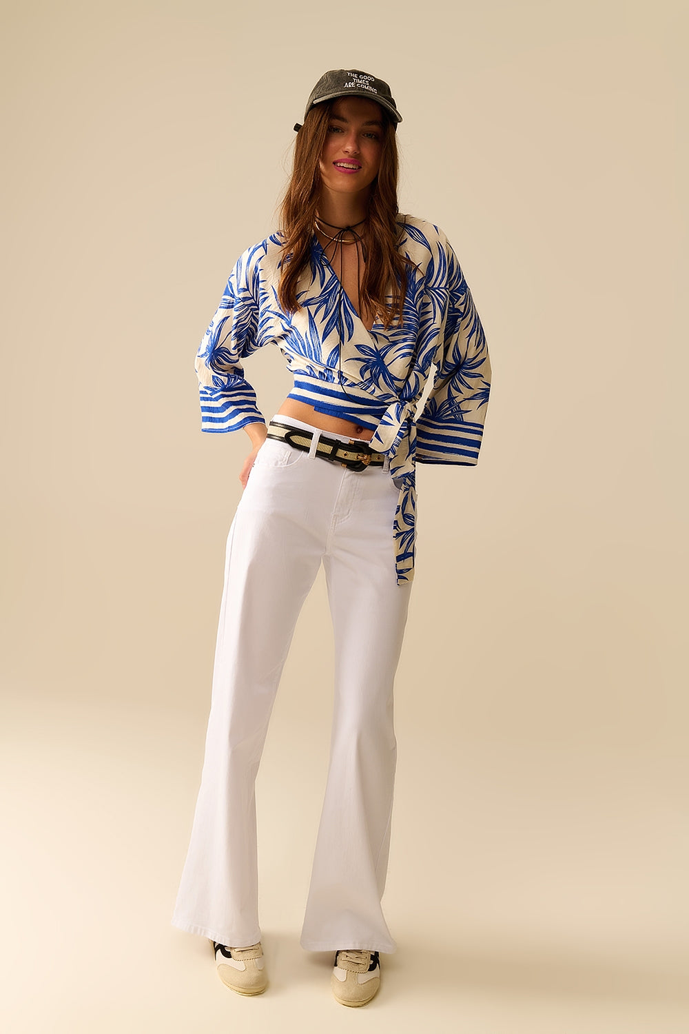 Tropical print wrap crop top in blue - Tops