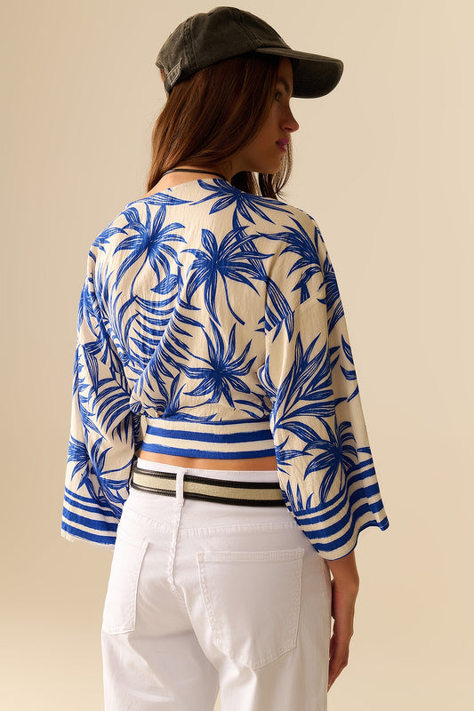 Tropical print wrap crop top in blue - Tops