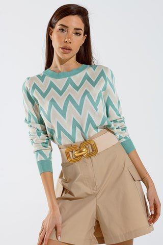 Turquoise  sweater with  zig zag print in Beige  with white details