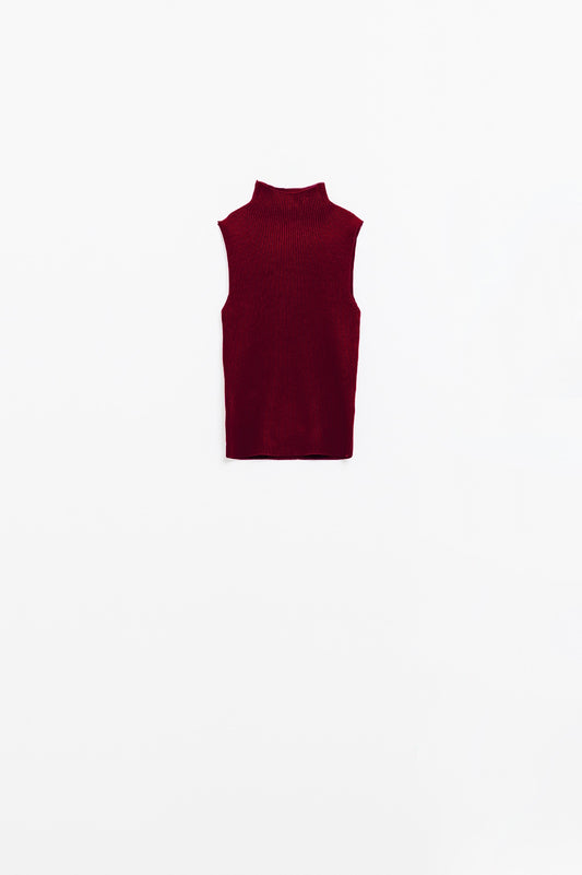 Turtle Neck Ribbed Top in Burgundy - Jumpers