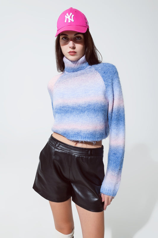 Turtleneck Sweater in Fluffy Knit in Blue And Pink Degrade - Jumpers