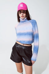 Pull col roulé en maille duveteuse dégradé bleu et rose