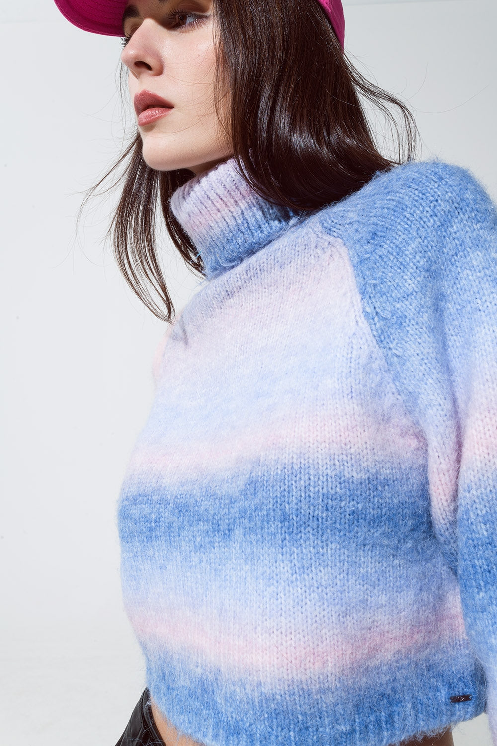 Turtleneck Sweater in Fluffy Knit in Blue And Pink Degrade - Jumpers