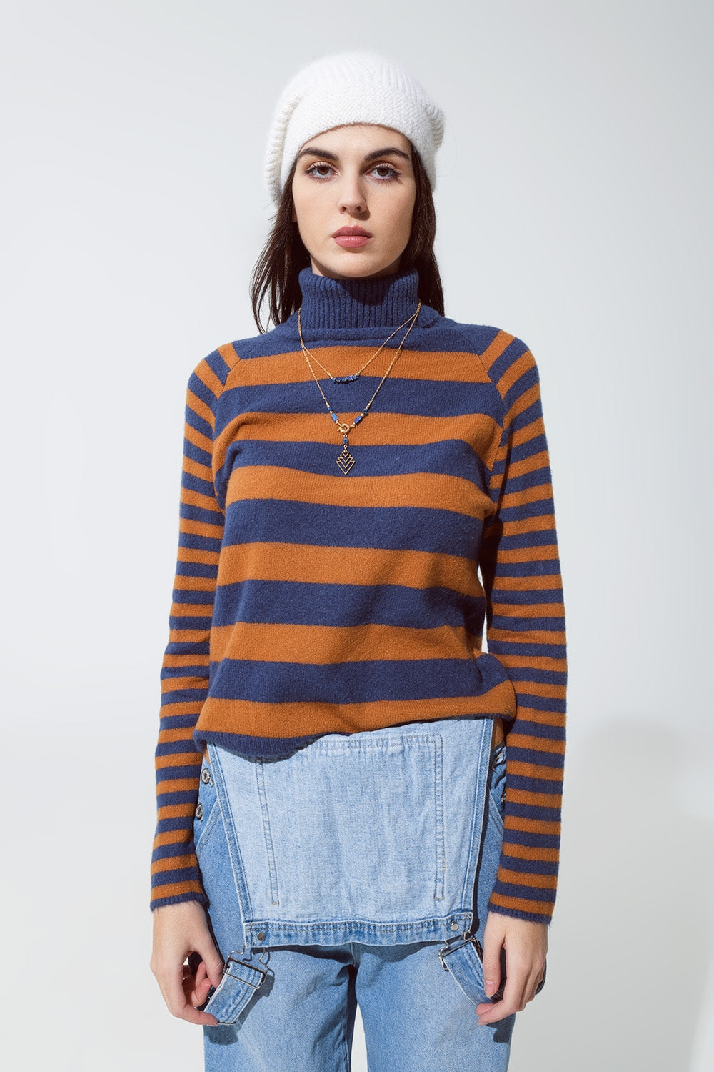Turtleneck sweater with stripes in blue and brown - Jumpers