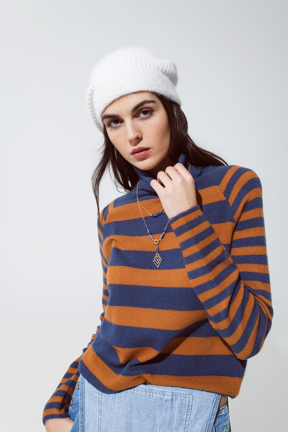 Turtleneck sweater with stripes in blue and brown - Jumpers