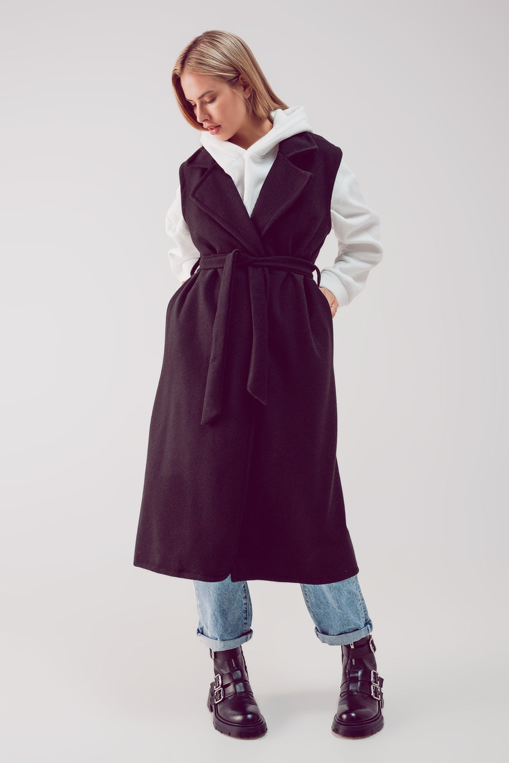 Ultra longline belted gilet in black - Vests