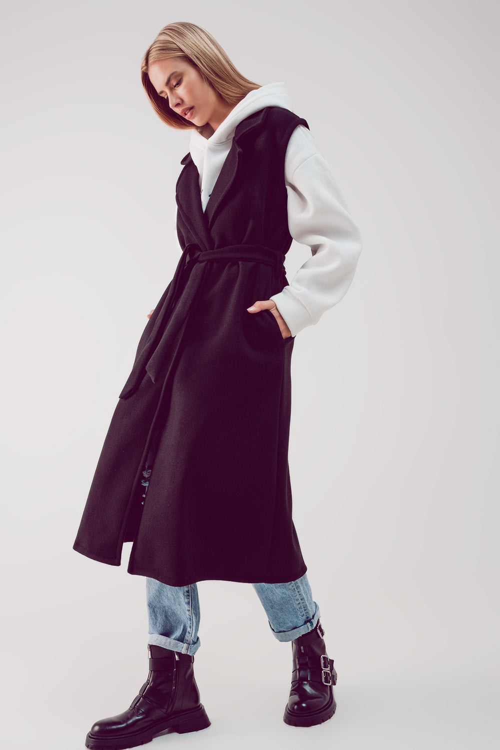 Ultra longline belted gilet in black - Vests