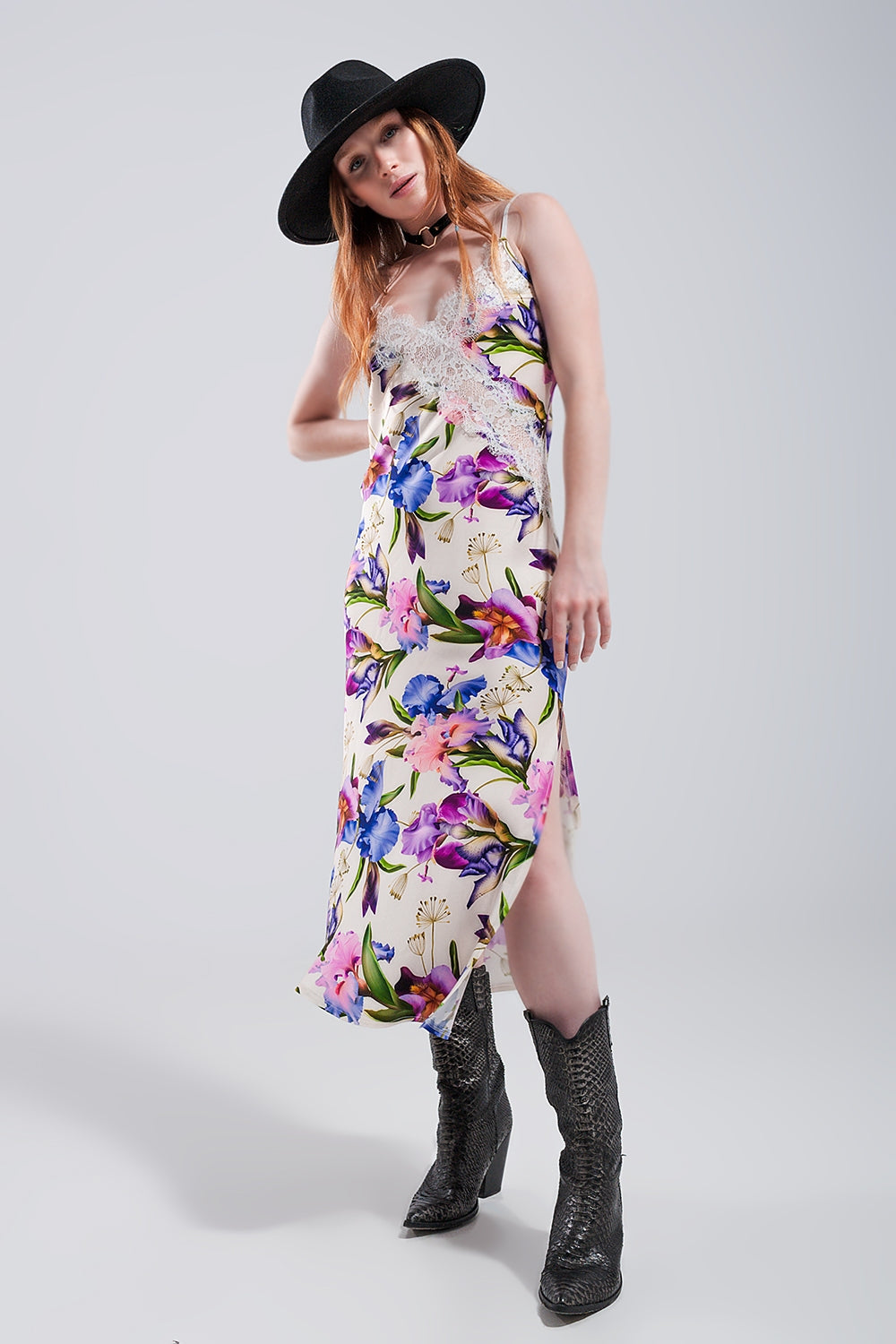 V back Satin midi dress in beige clashing floral print - Dresses